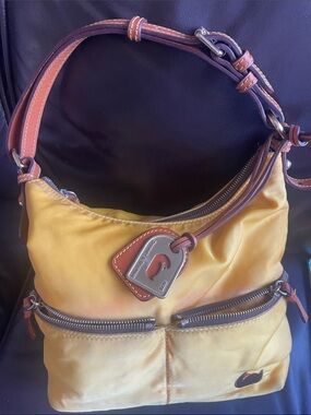 Dooney & Bourke Yellow w/ pink lining Shoulder Bag with Brown Leather Trim *Y2K*